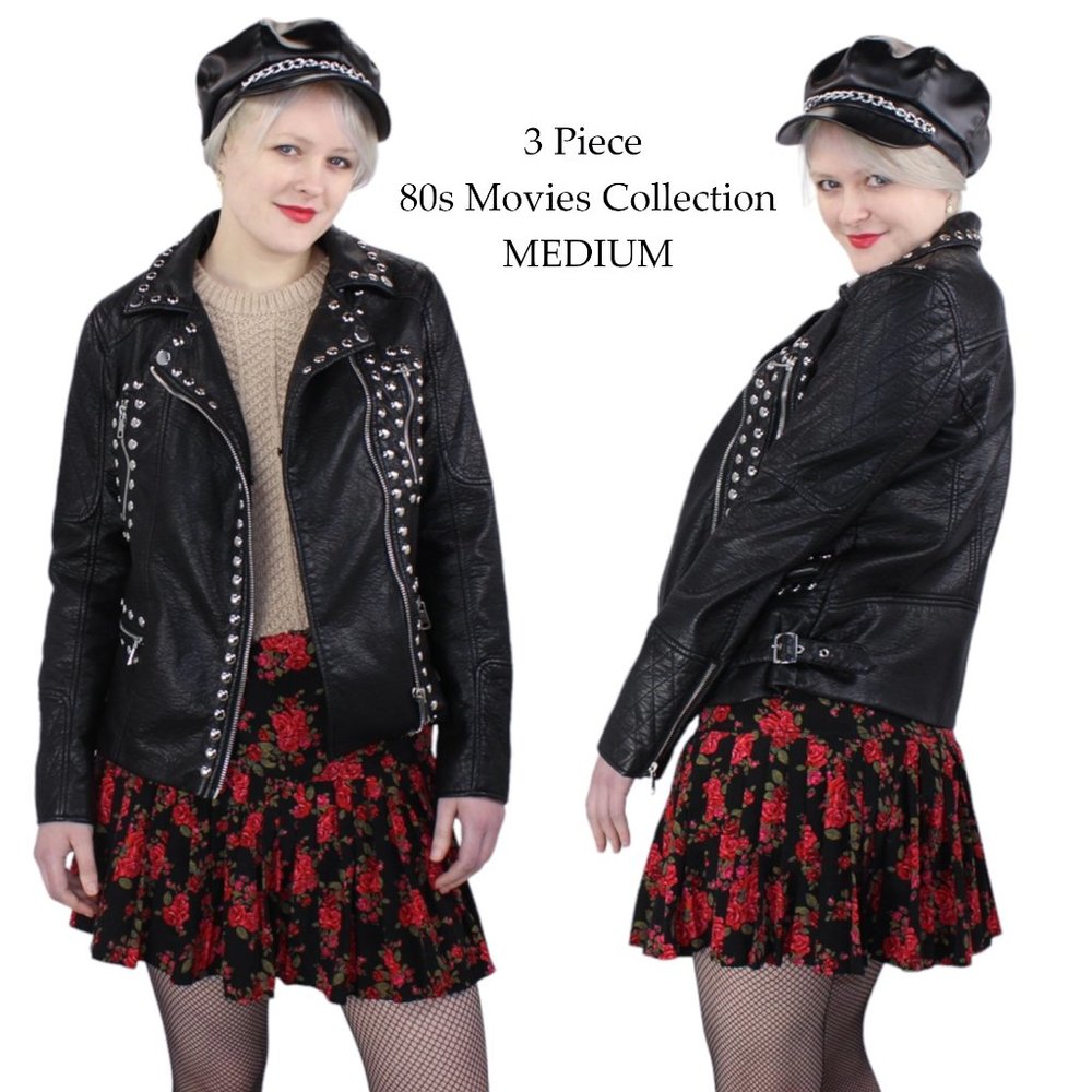 80s Madonna Movies Costume  - 3 Piece Faux Leather Jacket,  Cap, & Skirt
